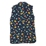 Womens Navy Blue Floral Sleeveless Shirt Button Neck L Summer Casual