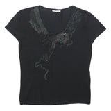 CANNELLA Womens Black Printed Top Short Sleeve Round Neck M Embellished