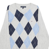 TOMMY HILFIGER Mens Grey Blue Argyle V-Neck Cotton Jumper M Classic Pre-Loved