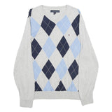 TOMMY HILFIGER Mens Grey Blue Argyle V-Neck Cotton Jumper M Classic Pre-Loved