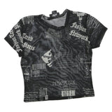 JUSTPOLLY Womens Black Printed Mesh Short Sleeve Round Neck Top M Trendy