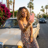 Bubblegum Pink Summer Berries iPhone 14 Case - Lifestyle photo showing phone case in use