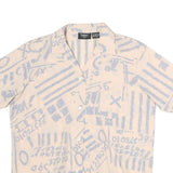 TOPICS Womens Cream & Light Blue Printed Shirt Short Sleeve Button Neck M Casual