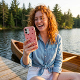 Bubblegum Pink Rosy Ladybug iPhone 16 Case - Lifestyle photo showing phone case in use