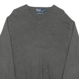 POLO RALPH LAUREN Mens Grey Plain Cotton Blend V-Neck Jumper L Classic Knitwear