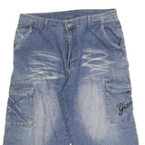 Mens Blue Denim Cargo Casual Shorts M W34 Embroidered Graphic Design