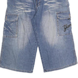 Mens Blue Denim Cargo Casual Shorts M W34 Embroidered Graphic Design