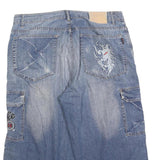 Mens Blue Denim Cargo Casual Shorts M W34 Embroidered Graphic Design