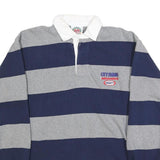 BARBARIAN Mens Grey & Navy Blue Rugby Stripe Long Sleeve Polo Shirt L Cotton