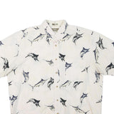 NATURAL ISSUE Mens White & Blue Fish Print Cotton Blend Shirt L Casual Summer