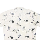 NATURAL ISSUE Mens White & Blue Fish Print Cotton Blend Shirt L Casual Summer