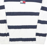 TOMMY JEANS Mens White & Navy Stripe Plain Cotton Blend Crew Neck Basic Knit