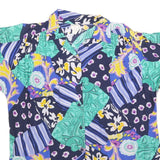 Womens Blue Green Yellow Patchwork Printed Button Short Sleeve Shirt L Relaxed