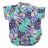 Womens Blue Green Yellow Patchwork Printed Button Short Sleeve Shirt L Relaxed