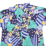 Womens Blue Green Yellow Patchwork Printed Button Short Sleeve Shirt L Relaxed