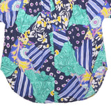 Womens Blue Green Yellow Patchwork Printed Button Short Sleeve Shirt L Relaxed