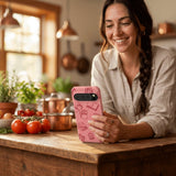 Bubblegum Pink Book Club Google Pixel 10/10 Pro Case - Lifestyle photo showing phone case in use