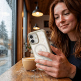 Clear Tulip Dune iPhone 17 Case With London Fog Ridge (MagSafe included) - Lifestyle photo showing phone case in use