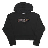 DKNY Womens Black Sport Pullover Hoodie M Cotton Blend Crop Sweatshirt