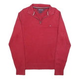 TOMMY HILFIGER Mens Red Pullover Plain V-Neck Basic Knit Jumper L Cotton