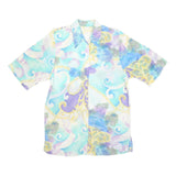 Womens Blue Cream Printed Shirt Short Sleeve Collared M Polyester Blend Casual