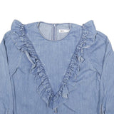 ZARA Womens Blue Cotton Blend Ruffle Detail Blouse Long Sleeve Round Neck S