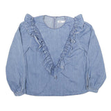 ZARA Womens Blue Cotton Blend Ruffle Detail Blouse Long Sleeve Round Neck S
