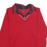 TOMMY HILFIGER Womens Red Patterned Jumper V-Neck Basic Knit M Layered Look
