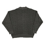 Mens Grey & Black Patterned Button Up Jumper Crew Neck M Acrylic Blend Knitwear
