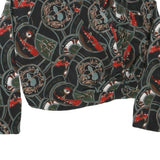 Womens Black & Green Printed Blouse Long Sleeve Collared M Stylish Crop Top