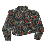 Womens Black & Green Printed Blouse Long Sleeve Collared M Stylish Crop Top