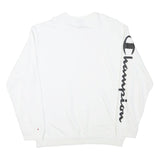 CHAMPION Mens White Crew Neck M Cotton Blend Pullover Sweatshirt Logo Sleeve