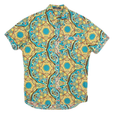 Mens Blue & Yellow Pattern Shirt S Short Sleeve Button Polyester
