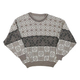 Womens Brown & Cream Patterned Jumper Wool Blend Crew Neck Basic Knit M