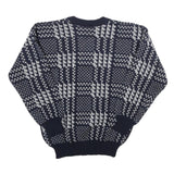 Mens Navy Blue & Grey Patterned Wool Blend Jumper Crew Neck Basic Knit M