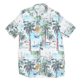 Mens White Blue Green Tropical Palm Print Cotton Shirt S Summer Casual