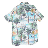 Mens White Blue Green Tropical Palm Print Cotton Shirt S Summer Casual