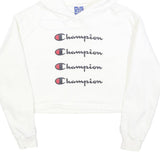CHAMPION Womens White Crop Hoodie M Cotton Blend Pullover Logo Sweatshirt