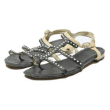 CHANEL Pearl Embellished Strappy Womens Leather Sandals Black & Beige UK 6.5