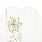 COLLEGE WEAR Mens White Sweatshirt L Cotton Blend Pullover Floral Embroidery