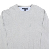 TOMMY HILFIGER Mens Grey Plain Cotton Blend Jumper Crew Neck L Classic Fit