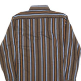 Mens Brown Blue Striped Cotton Shirt L Long Sleeve Button Front Casual