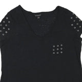 ROCK & REPUBLIC Womens Black V-Neck T-Shirt XL Short Sleeve Eyelet Detail