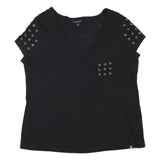 ROCK & REPUBLIC Womens Black V-Neck T-Shirt XL Short Sleeve Eyelet Detail