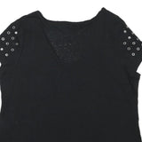 ROCK & REPUBLIC Womens Black V-Neck T-Shirt XL Short Sleeve Eyelet Detail
