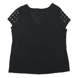 ROCK & REPUBLIC Womens Black V-Neck T-Shirt XL Short Sleeve Eyelet Detail
