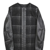 TED BAKER Womens Black & Grey Check Zip Jacket XS Wool Blend Leather Sleeves