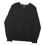 TOMMY HILFIGER Mens Black Plain Cotton Blend V-Neck Regular Jumper L Classic