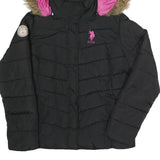 U.S. POLO ASSN Womens Black Jacket L Polyester Puffer Zip Hooded Pink Logo