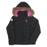 U.S. POLO ASSN Womens Black Jacket L Polyester Puffer Zip Hooded Pink Logo